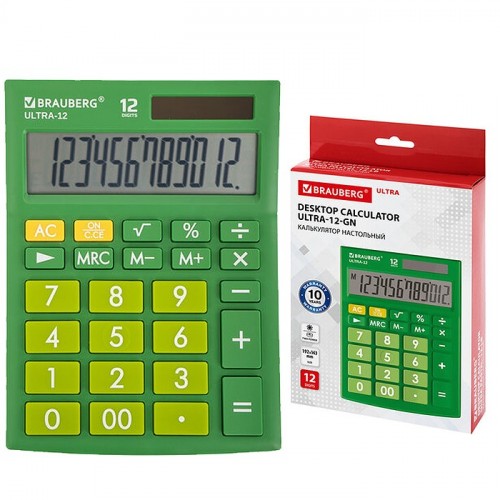 Калькулятор настольный ULTRA-12-GN (192x143 мм), 12 разрядов, двойное питание, зеленый